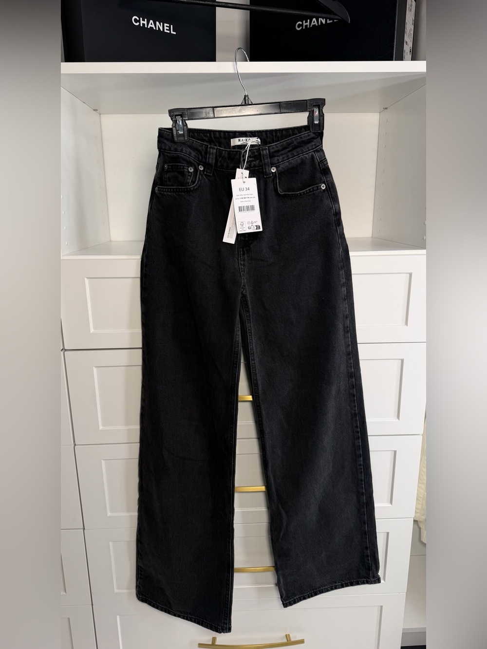 NA-KD Wide High Waist Jeans Dark Grey EU 34 NWT